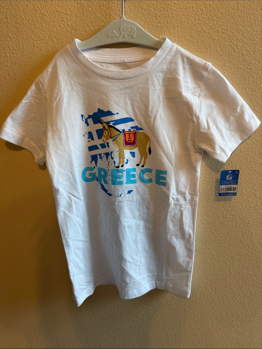Greece Graphic Kids Short Sleeve Tee - White with Blue & Yellow Print